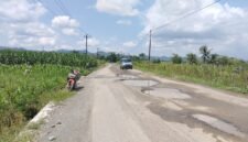 Foto: Kondisi jalan Pucung Bedug -Gumiwang saat ini nampak banyak lubang penuh air hujan.(Dok.Beritafakta.id)