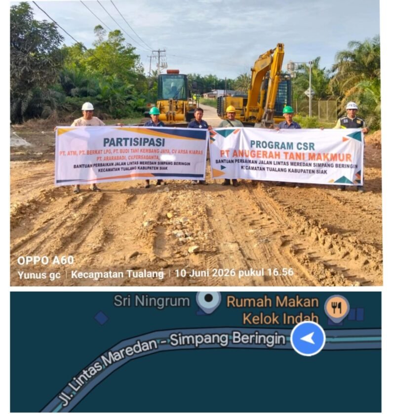 Perwakilan PT Anugerah Tani Makmur dan perusahaan mitra berfoto bersama saat pelaksanaan program CSR perbaikan Jalan Lintas Meredan–Simpang Beringin, Kecamatan Tualang, Kabupaten Siak, Rabu (10/6/2026).