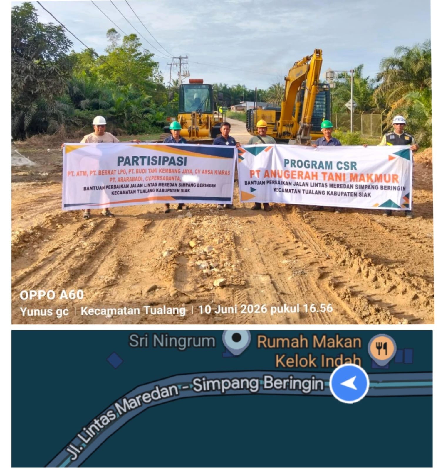 PT Anugerah Tani Makmur bersama perusahaan mitra melaksanakan program CSR perbaikan Jalan Lintas Meredan–Simpang Beringin di Kecamatan Tualang Kabupaten Siak.