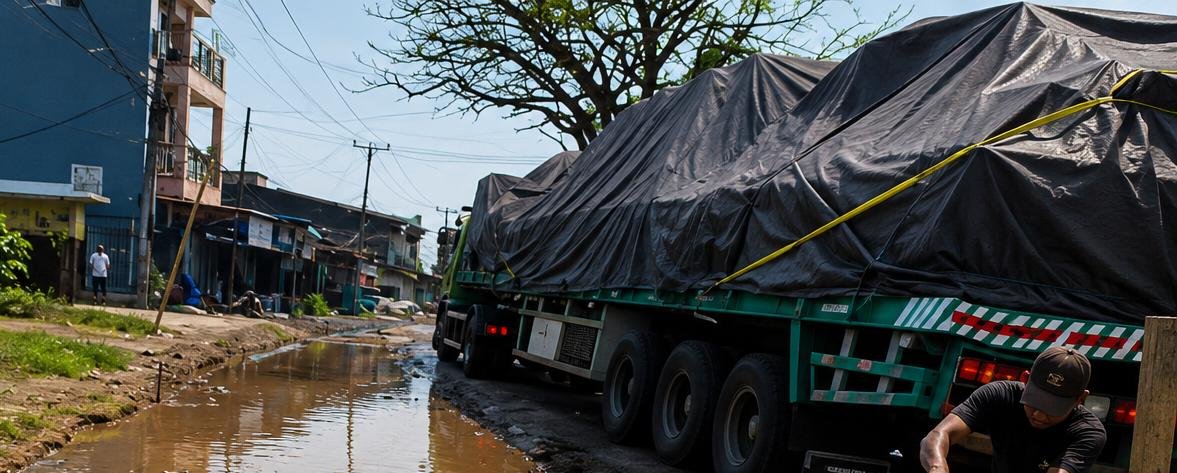 Petugas melakukan perbaikan jalan di kawasan Kosambi Kabupaten Tangerang untuk meningkatkan kelancaran arus lalu lintas.