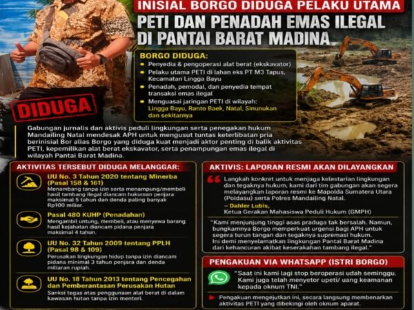 Tambang Emas Ilegal di Madina Kembali Disorot, Aktivis Minta APH Turun Tangan