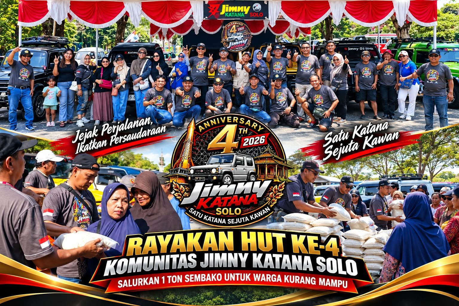 Komunitas Jimny Katana Solo menyalurkan bantuan sembako kepada warga kurang mampu dalam perayaan HUT ke-4 di Surakarta