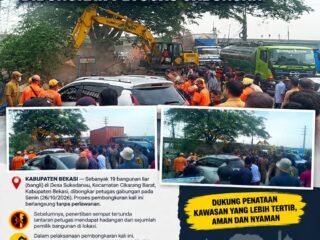 Tanpa Perlawanan, 19 Bangunan Liar di Sukadanau Cikarang Barat Dibongkar Petugas Gabungan